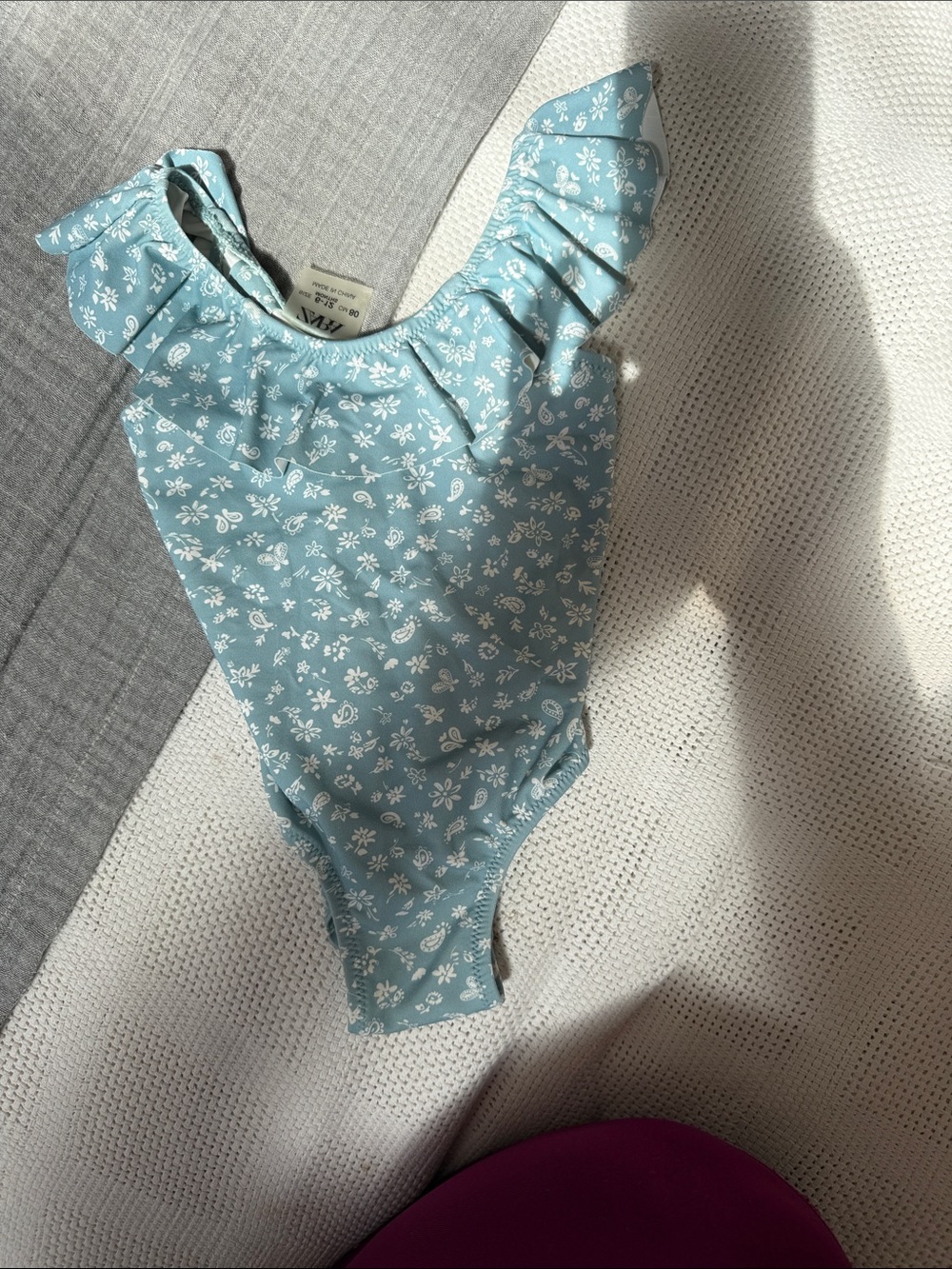 Zara Light Blue Floral One-Piece Swimwear with White Print and Ruffle Straps